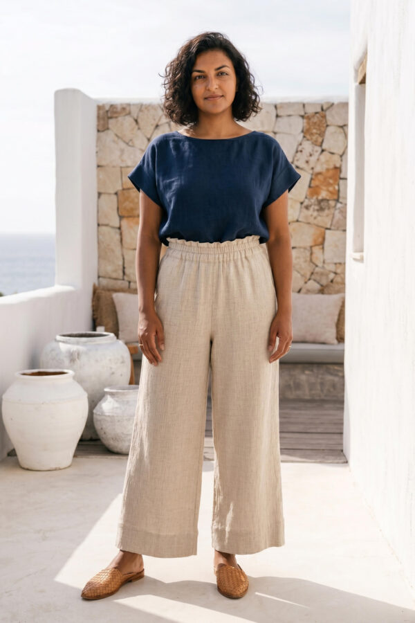 Mujer vistiendo blusa de lino azul marino y pantalon de lino avena estilo slow living