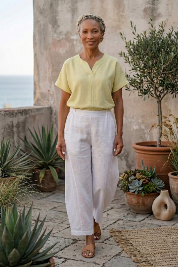 Mujer vistiendo blusa de lino amarillo vainilla y pantalón elegante de lino blanco para clima cálido