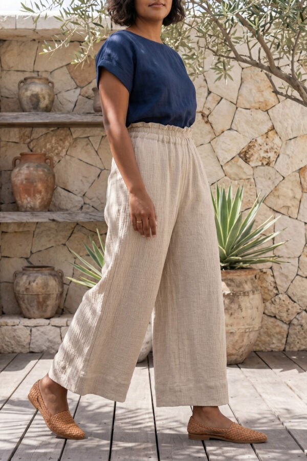 Mujer vistiendo blusa de lino azul marino y pantalon de lino avena estilo slow living