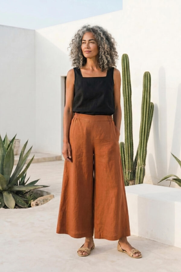 Pantalón Oliva de lino naranja caramelo