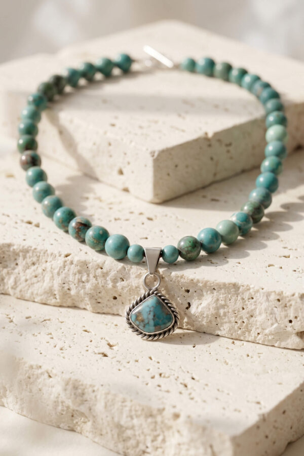 Collar artesanal de piedras naturales en turquesa y dije de plata