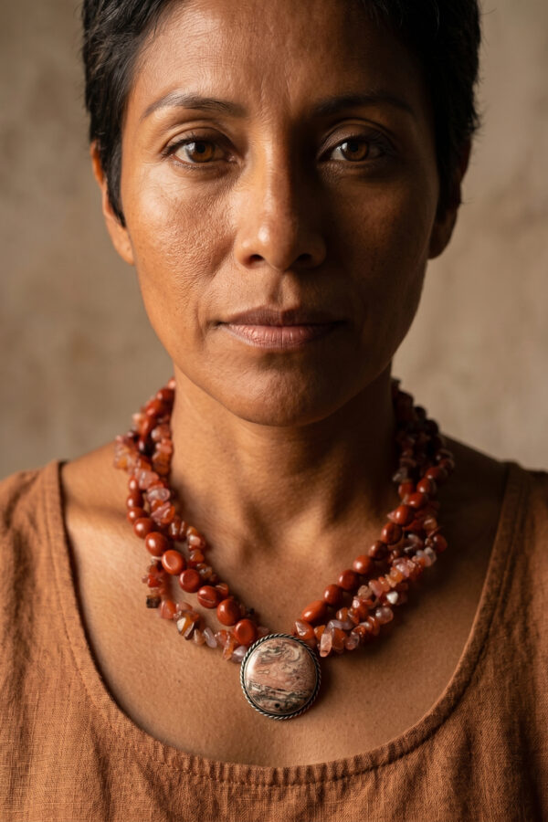 Mujer con collar artesanal rojo de estilo natural en jaspe y ágata