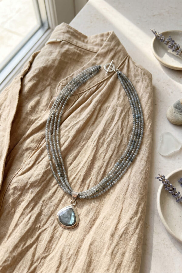 Collar artesanal con dije en plata y piedras naturales de labradorita