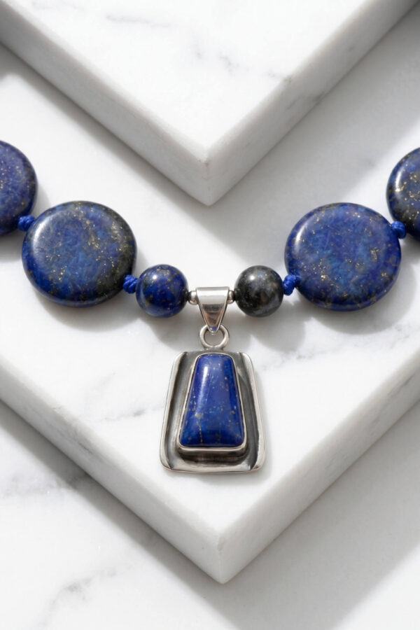 Collar artesanal de piedras naturales en lapislázuli y dije de plata