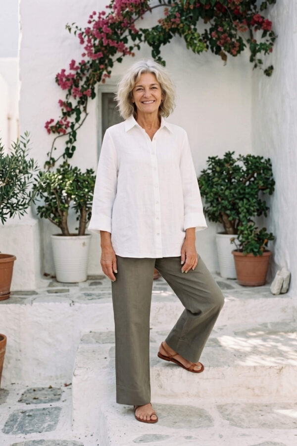 Mujer vistiendo blusa con botones de lino blanca y pantalon estilo jeans de lino y algodón verde seco