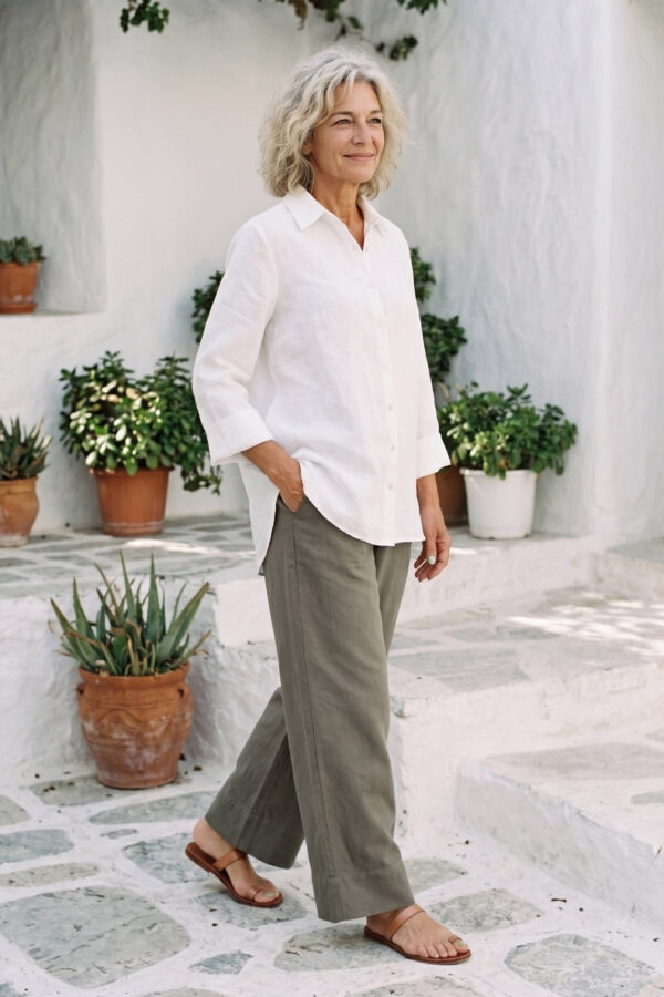 Mujer vistiendo blusa con botones de lino blanca y pantalon estilo jeans de lino y algodón verde seco