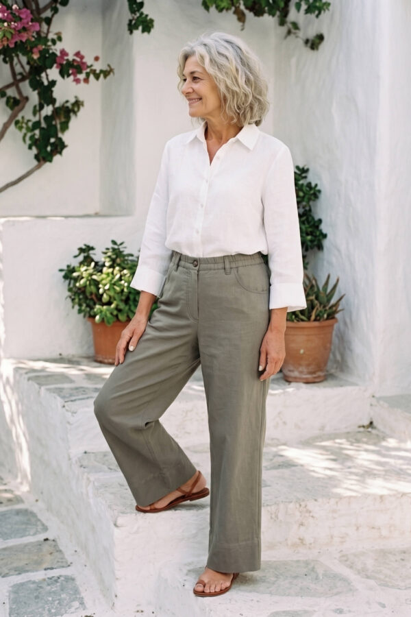 Mujer vistiendo blusa con botones de lino blanca y pantalon estilo jeans de lino y algodón verde seco