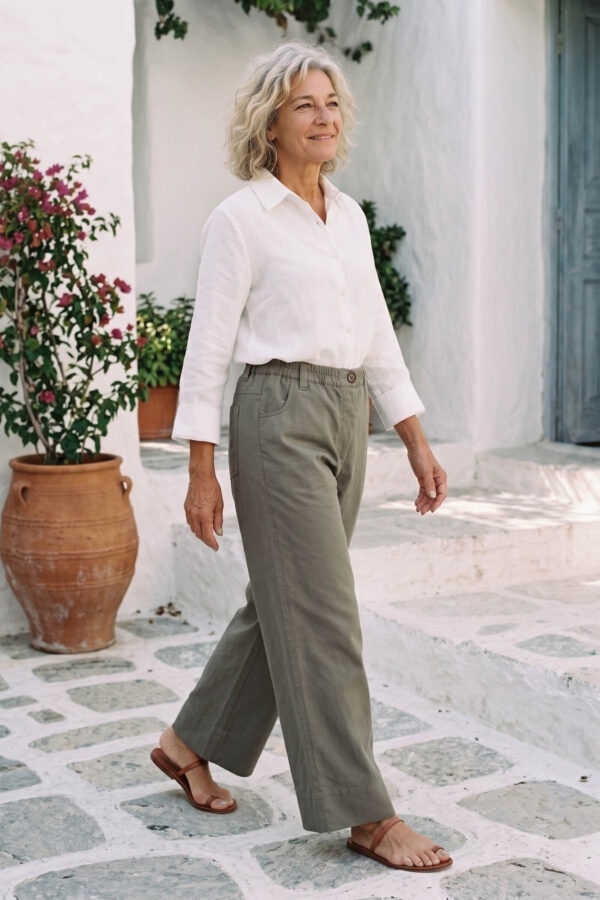 Mujer vistiendo blusa con botones de lino blanca y pantalon estilo jeans de lino y algodón verde seco