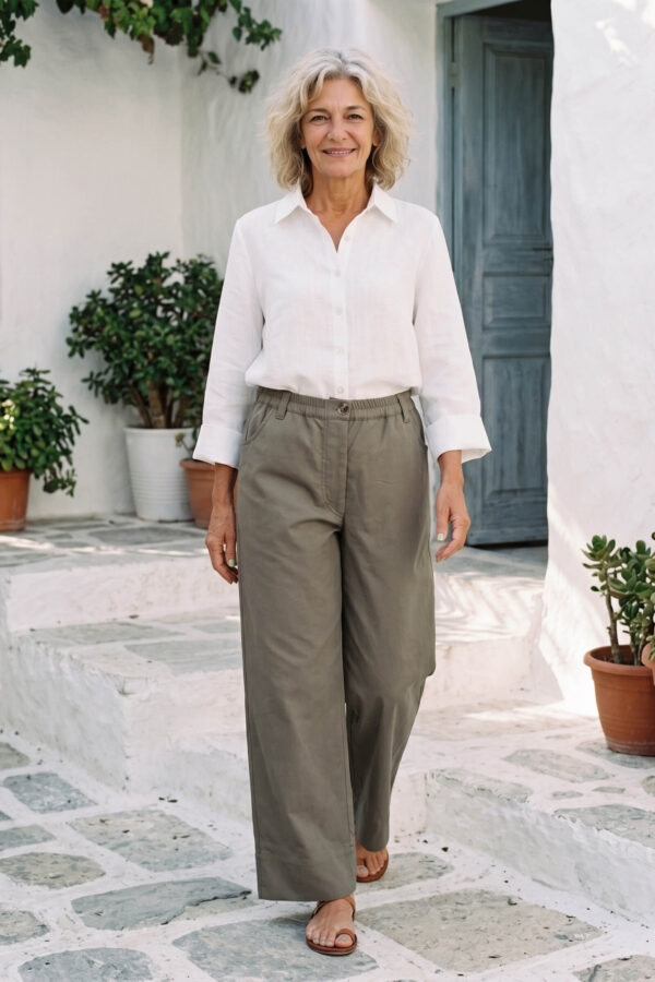 Mujer vistiendo blusa con botones de lino blanca y pantalon estilo jeans de lino y algodón verde seco