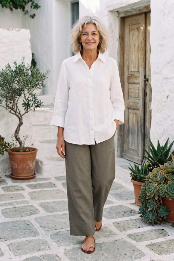 Mujer vistiendo blusa con botones de lino blanca y pantalon estilo jeans de lino y algodón verde seco