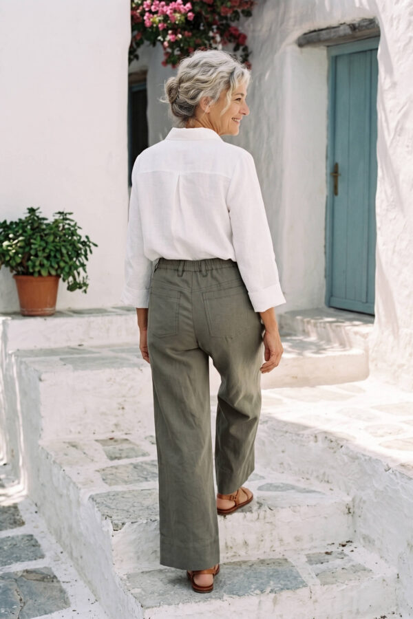 Mujer vistiendo blusa con botones de lino blanca y pantalon estilo jeans de lino y algodón verde seco