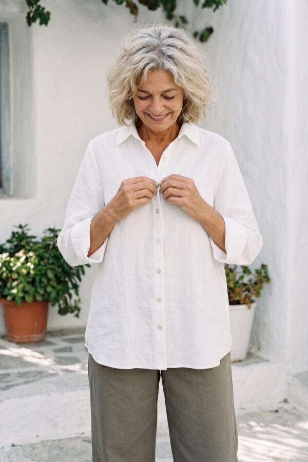 Mujer vistiendo blusa con botones de lino blanca y pantalon estilo jeans de lino y algodón verde seco