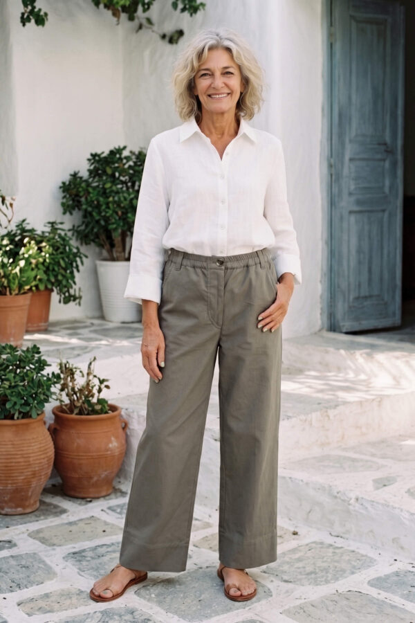 Mujer vistiendo blusa con botones de lino blanca y pantalon estilo jeans de lino y algodón verde seco