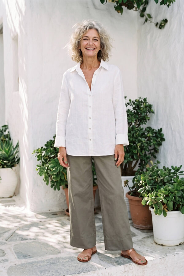 Mujer vistiendo blusa con botones de lino blanca y pantalon estilo jeans de lino y algodón verde seco