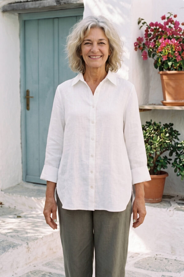 Mujer vistiendo blusa con botones de lino blanca y pantalon estilo jeans de lino y algodón verde seco