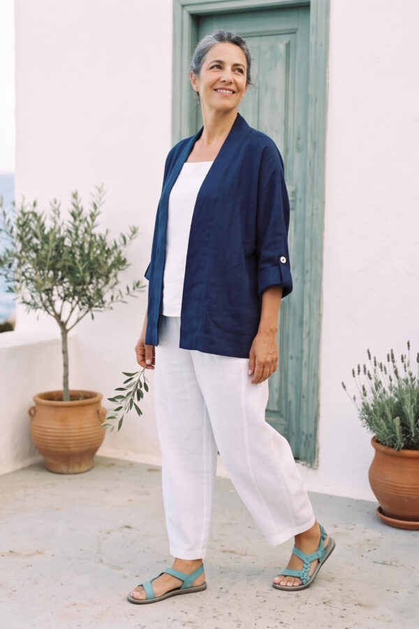 Mujer vistiendo blusa y pantalon de lino blanco y saco azul marino de fibras naturales