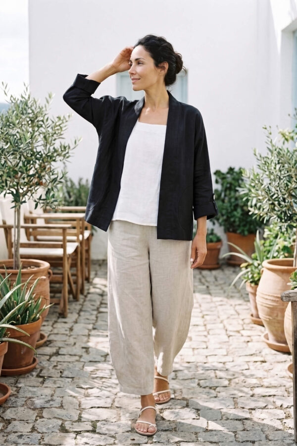 Mujer vistiendo blusa blanca, pantalon avena y saco de lino negro