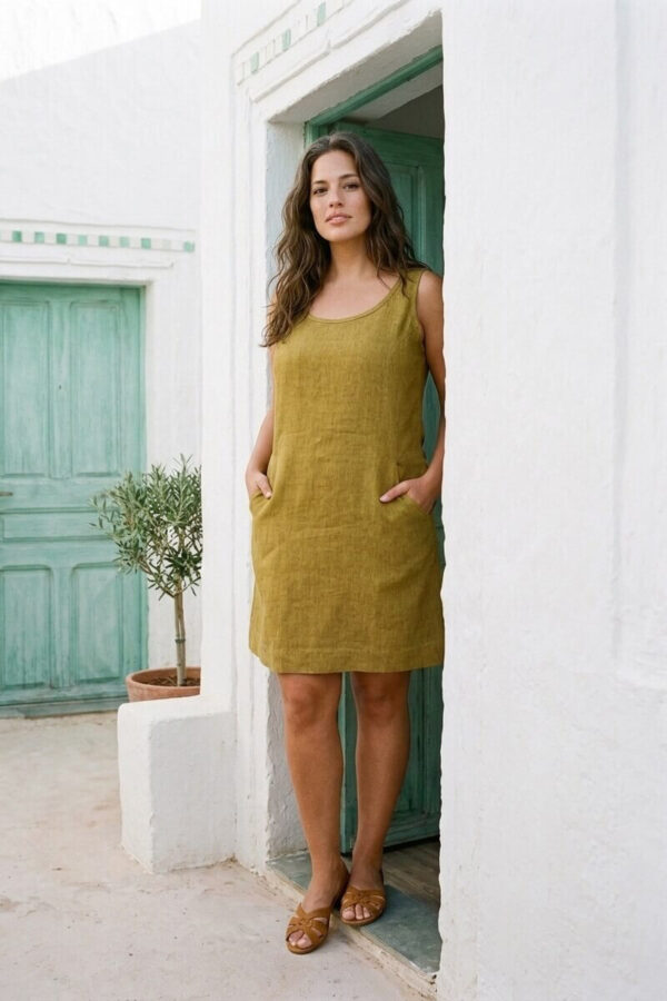 Mujer vistiendo vestido corto con bolsas en lino natural color verde hoja