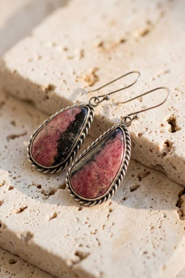 Aretes artesanales de plata y rodonita rosa y negro en forma de lágrima