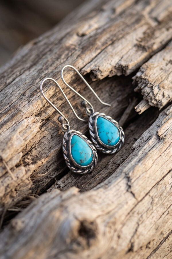 Joyería artesanal : aretes de turquesa y plata en bisel de gota trenzada medianos