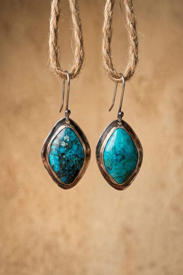 Joyería artesanal : aretes de turquesa y plata de marquesa cincelada en forma de rombos