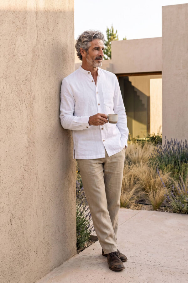 Hombre vistiendo camisa blanca de manga larga y cuello Mao en lino natural