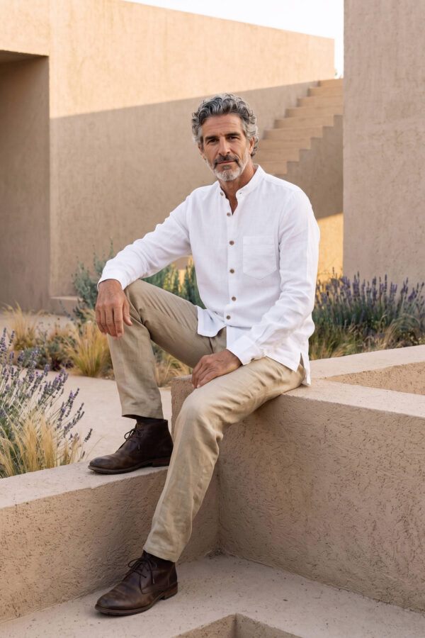 Hombre vistiendo camisa blanca de manga larga y cuello Mao en lino natural