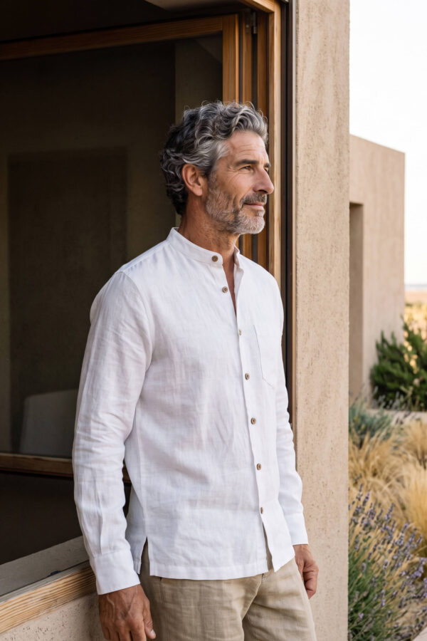 Hombre vistiendo camisa blanca de manga larga y cuello Mao en lino natural