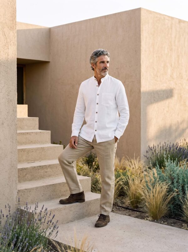 Hombre vistiendo camisa blanca de manga larga y cuello Mao en lino natural