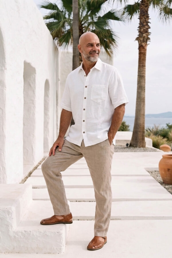 Hombre vistiendo camisa blanca de manga corta en lino natural