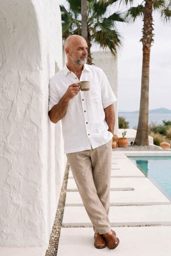 Hombre vistiendo camisa blanca de manga corta en lino natural