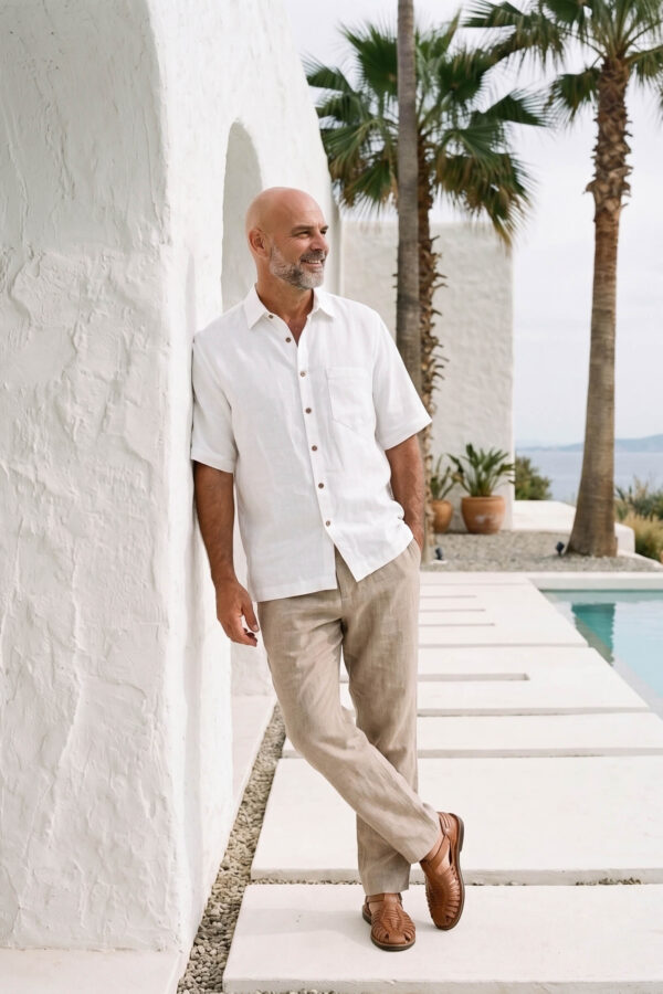 Hombre vistiendo camisa blanca de manga corta en lino natural
