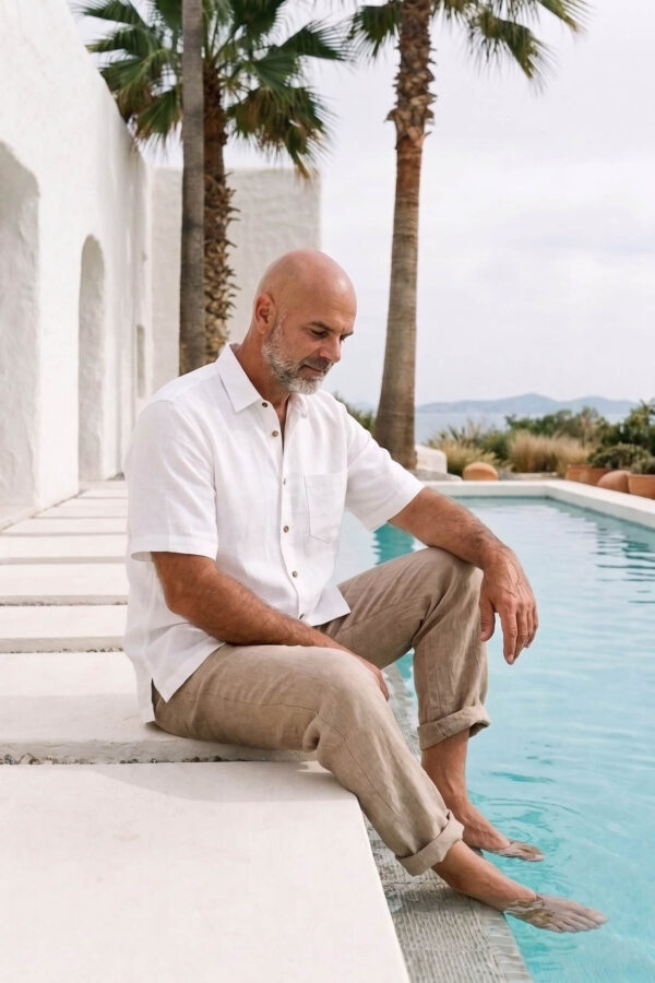 Hombre vistiendo camisa blanca de manga corta en lino natural