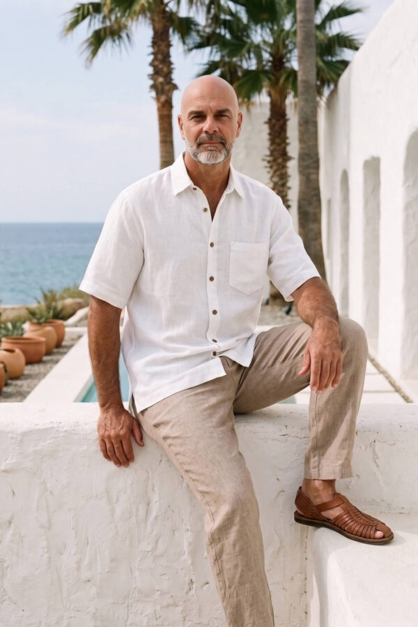 Hombre vistiendo camisa blanca de manga corta en lino natural