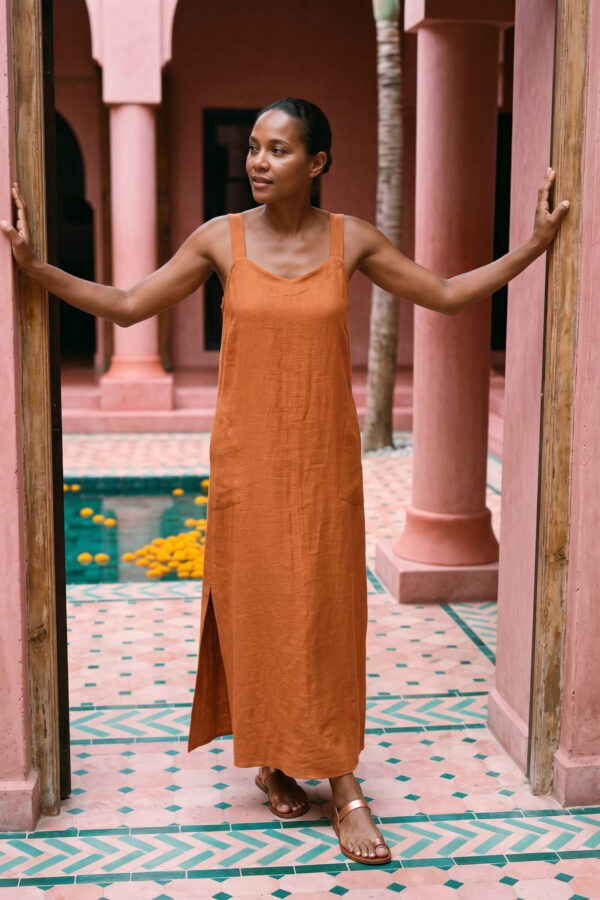 Mujer vistiendo vestido largo de lino bambú color naranja caramelo