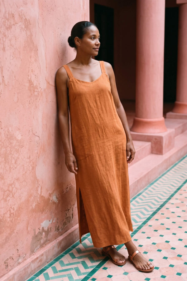 Mujer vistiendo vestido largo de lino bambú color naranja caramelo