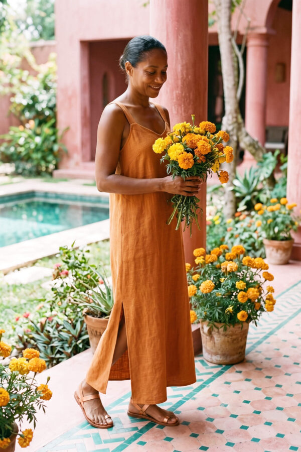 Mujer vistiendo vestido largo de lino bambú color naranja caramelo