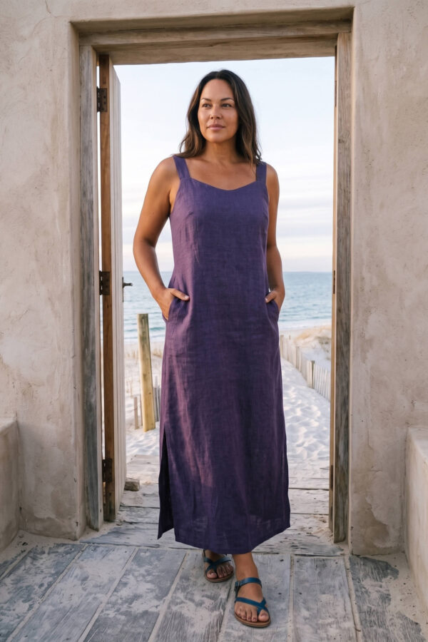 Mujer vistiendo vestido largo de lino color morado